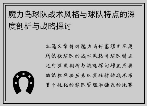 魔力鸟球队战术风格与球队特点的深度剖析与战略探讨