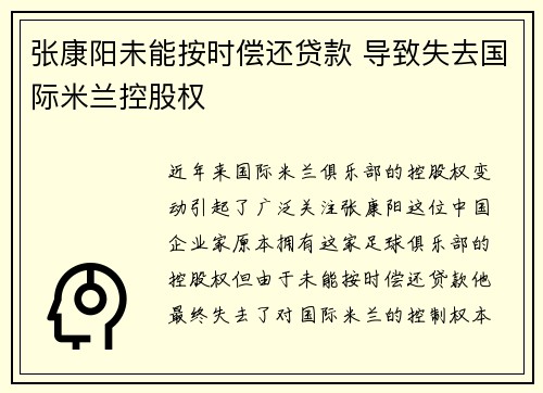 张康阳未能按时偿还贷款 导致失去国际米兰控股权